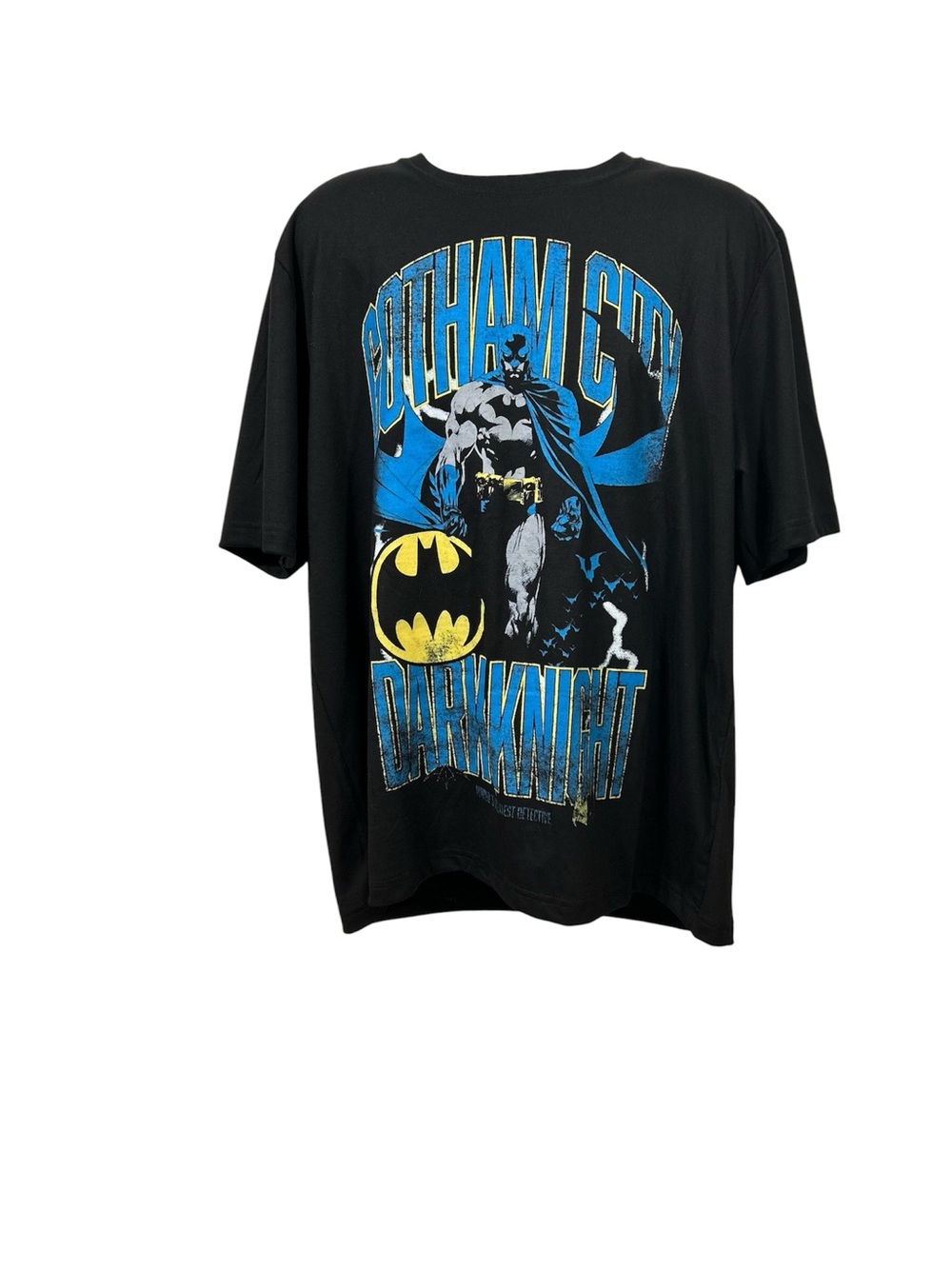DC Black Short Sleeve Batman Gotham City Graphic Tee with Blue Yellow Print XL
